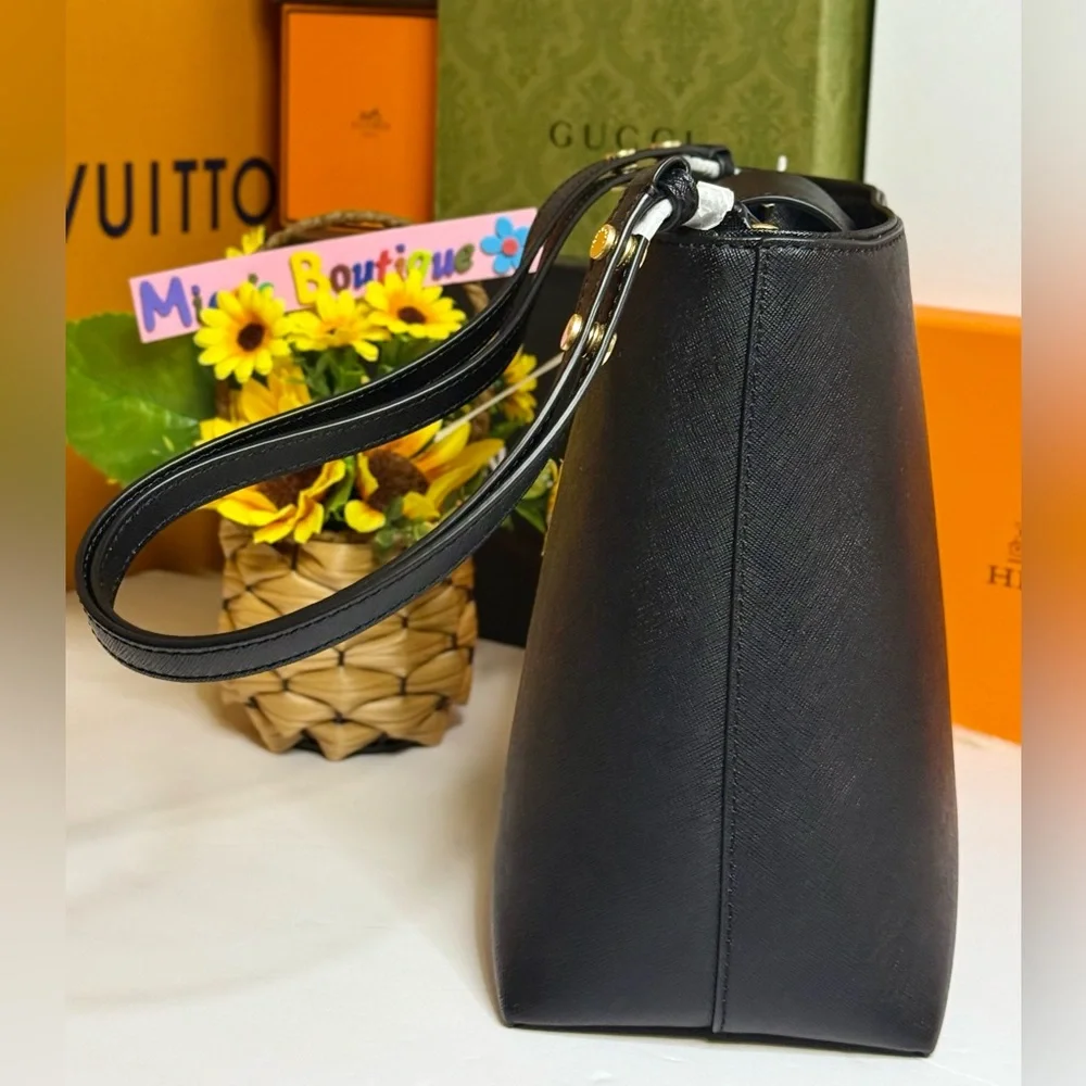 🆕TORY BURCH Emerson Saffiano Leather MD Convertible Bucket Bag ~Black~ 2inONE